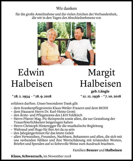 Todesanzeige von Edwin und Margit Halbeisen von Vorarlberger Nachrichten
