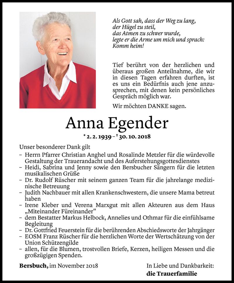  Todesanzeige für Anna Egender vom 18.11.2018 aus Vorarlberger Nachrichten