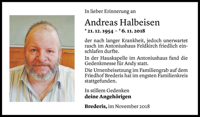  Todesanzeige für Andreas Halbeisen vom 14.11.2018 aus Vorarlberger Nachrichten