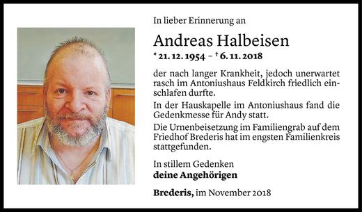 Todesanzeige von Andreas Halbeisen von Vorarlberger Nachrichten