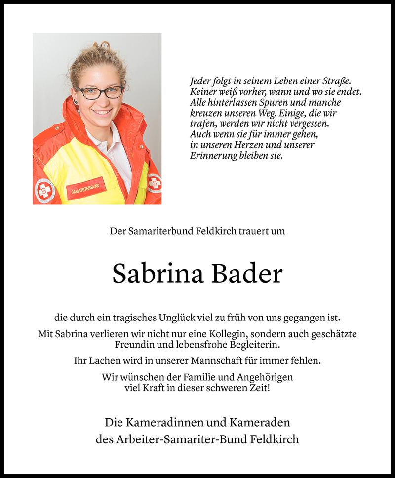  Todesanzeige für Sabrina Bader vom 14.11.2018 aus Vorarlberger Nachrichten