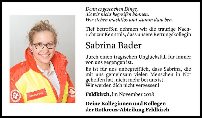  Todesanzeige für Sabrina Bader vom 14.11.2018 aus Vorarlberger Nachrichten