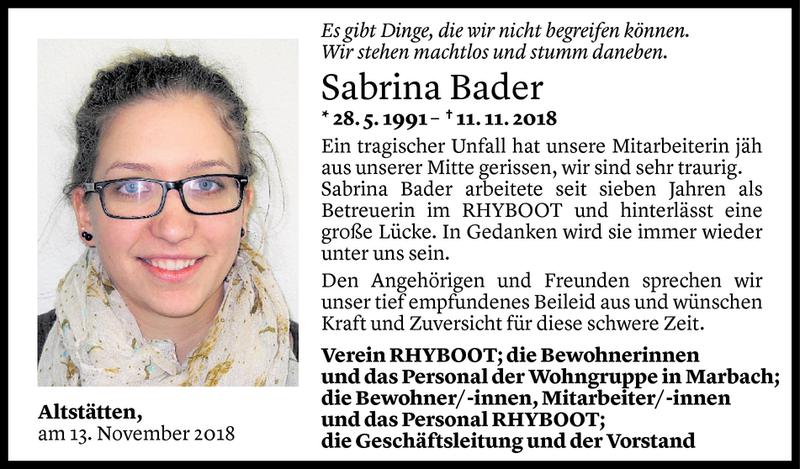  Todesanzeige für Sabrina Bader vom 13.11.2018 aus Vorarlberger Nachrichten