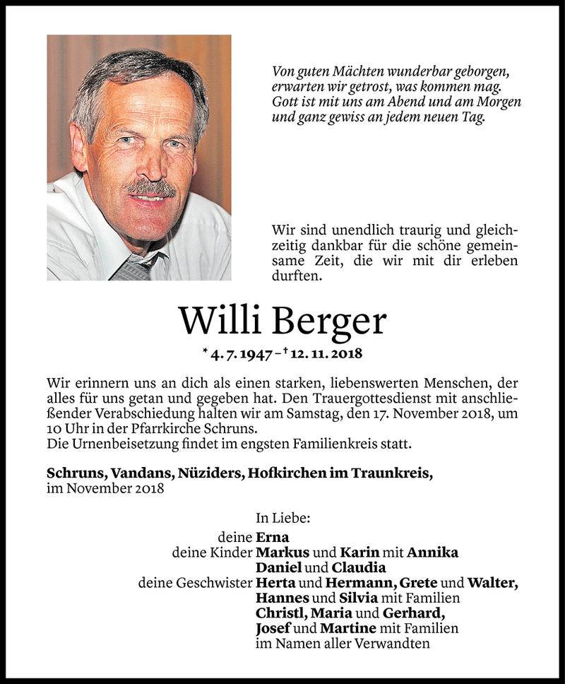  Todesanzeige für Willi Berger vom 15.11.2018 aus Vorarlberger Nachrichten