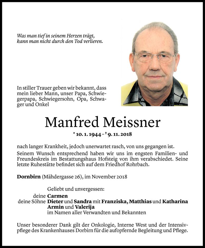  Todesanzeige für Manfred Meissner vom 14.11.2018 aus Vorarlberger Nachrichten