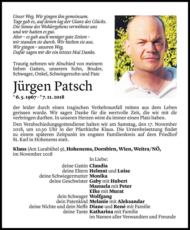  Todesanzeige für Jürgen Patsch vom 14.11.2018 aus Vorarlberger Nachrichten