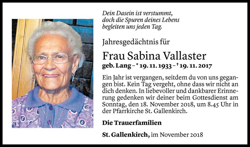  Todesanzeige für Sabina Vallaster vom 15.11.2018 aus Vorarlberger Nachrichten