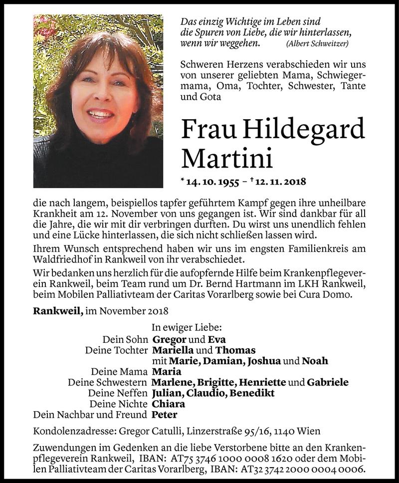  Todesanzeige für Hildegard Martini vom 17.11.2018 aus Vorarlberger Nachrichten