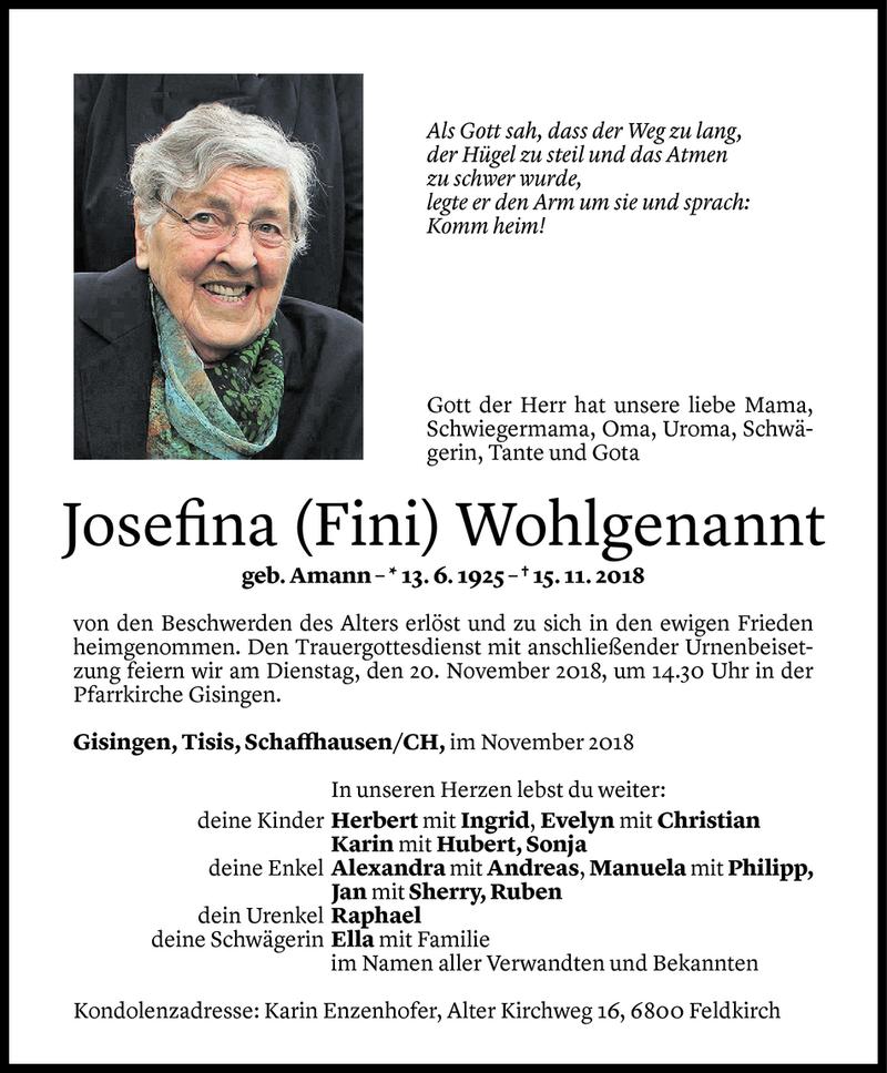  Todesanzeige für Josefina Wohlgenannt vom 16.11.2018 aus Vorarlberger Nachrichten
