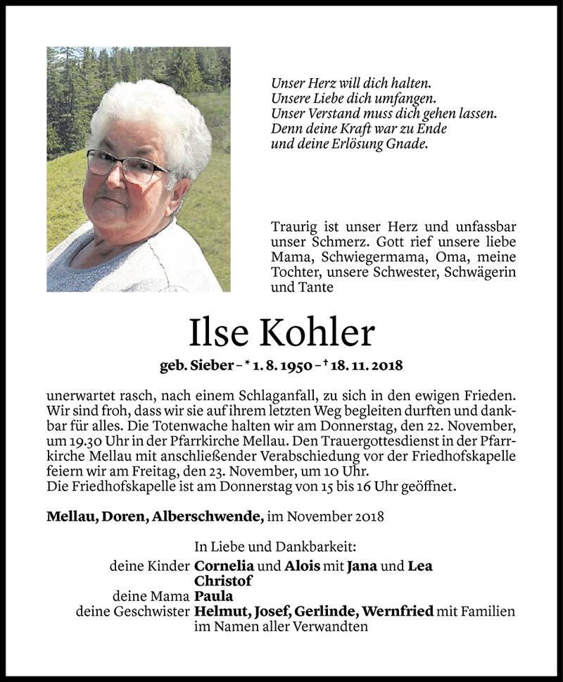  Todesanzeige für Ilse Kohler vom 20.11.2018 aus Vorarlberger Nachrichten