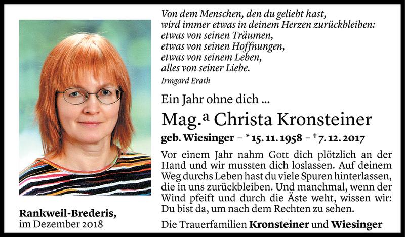  Todesanzeige für Christa Kronsteiner vom 07.12.2018 aus Vorarlberger Nachrichten