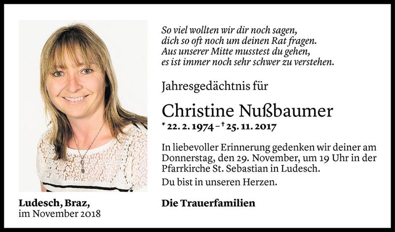  Todesanzeige für Christine Nußbaumer vom 25.11.2018 aus Vorarlberger Nachrichten