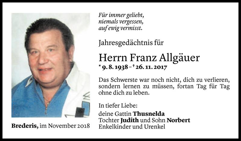  Todesanzeige für Franz Allgäuer vom 25.11.2018 aus Vorarlberger Nachrichten