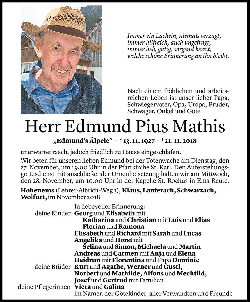  Todesanzeige für Edmund Pius Mathis vom 26.11.2018 aus Vorarlberger Nachrichten