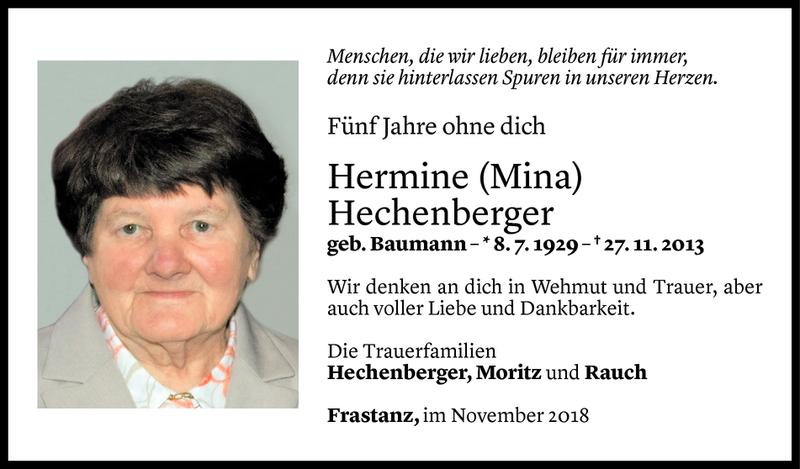  Todesanzeige für Hermine Hechenberger vom 26.11.2018 aus Vorarlberger Nachrichten
