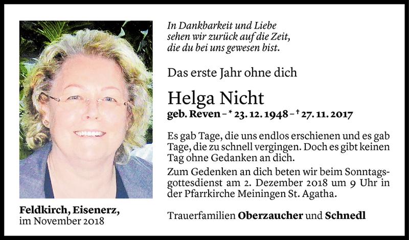  Todesanzeige für Helga Nicht vom 26.11.2018 aus Vorarlberger Nachrichten
