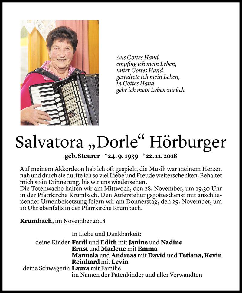 Todesanzeige für Salvatora Hörburger vom 26.11.2018 aus Vorarlberger Nachrichten
