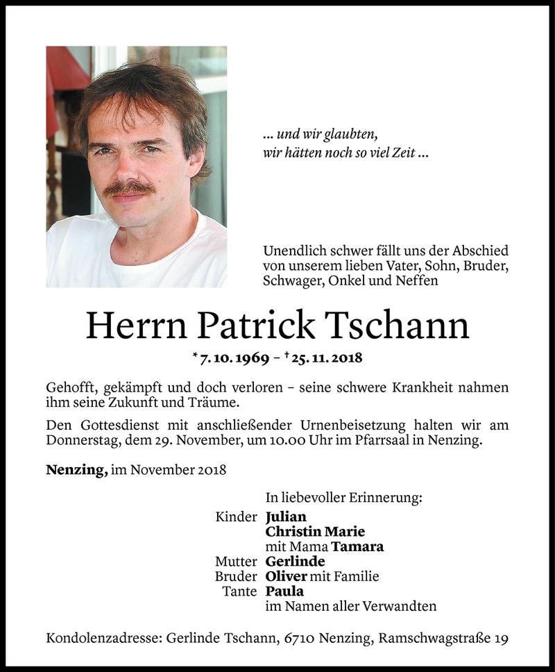  Todesanzeige für Patrick Tschann vom 27.11.2018 aus Vorarlberger Nachrichten