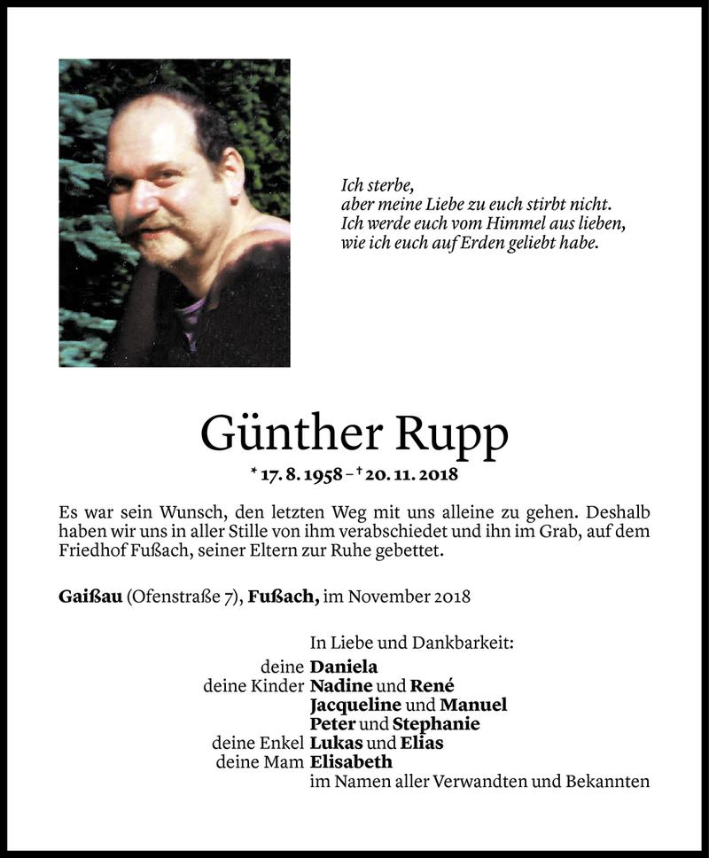  Todesanzeige für Günther Rupp vom 27.11.2018 aus Vorarlberger Nachrichten