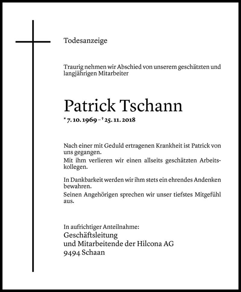  Todesanzeige für Patrick Tschann vom 27.11.2018 aus Vorarlberger Nachrichten