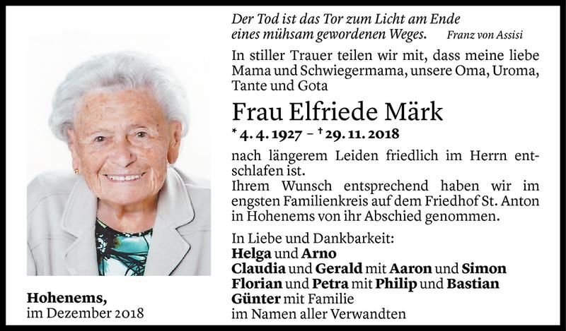  Todesanzeige für Elfriede Märk vom 05.12.2018 aus Vorarlberger Nachrichten
