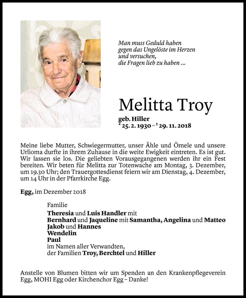  Todesanzeige für Melitta Troy vom 30.11.2018 aus Vorarlberger Nachrichten