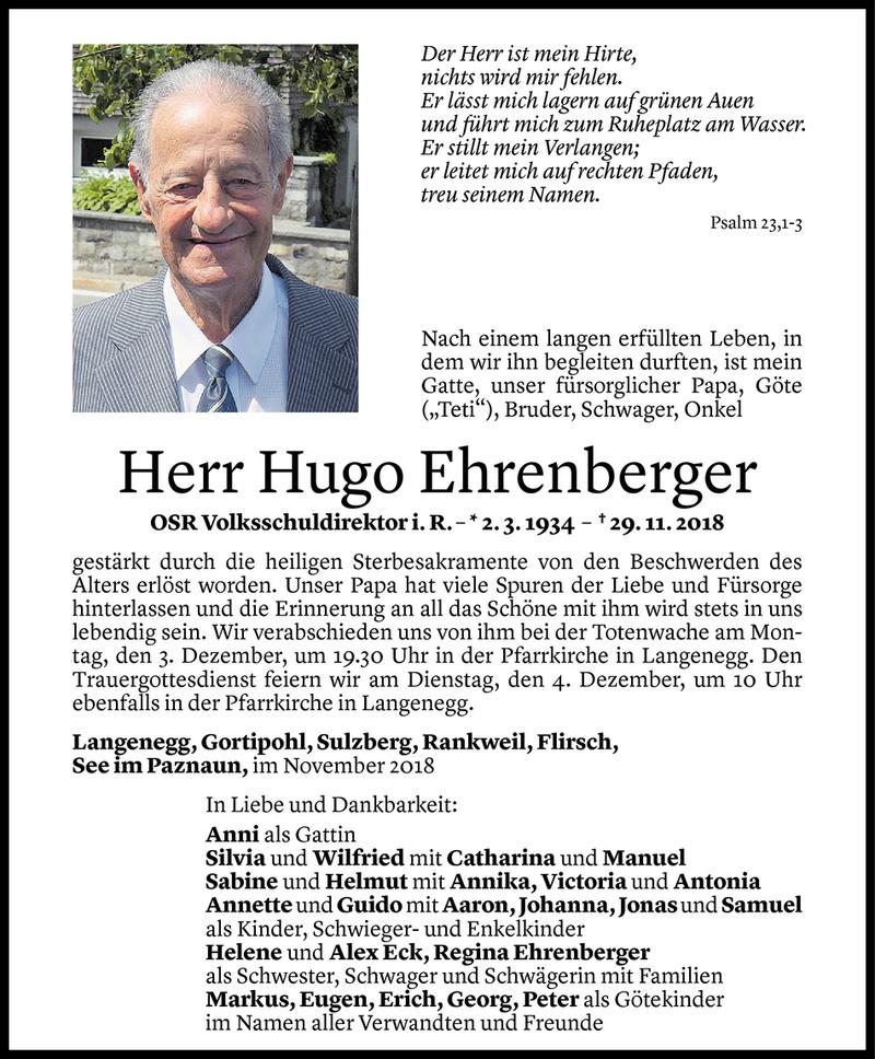  Todesanzeige für Hugo Ehrenberger vom 30.11.2018 aus Vorarlberger Nachrichten