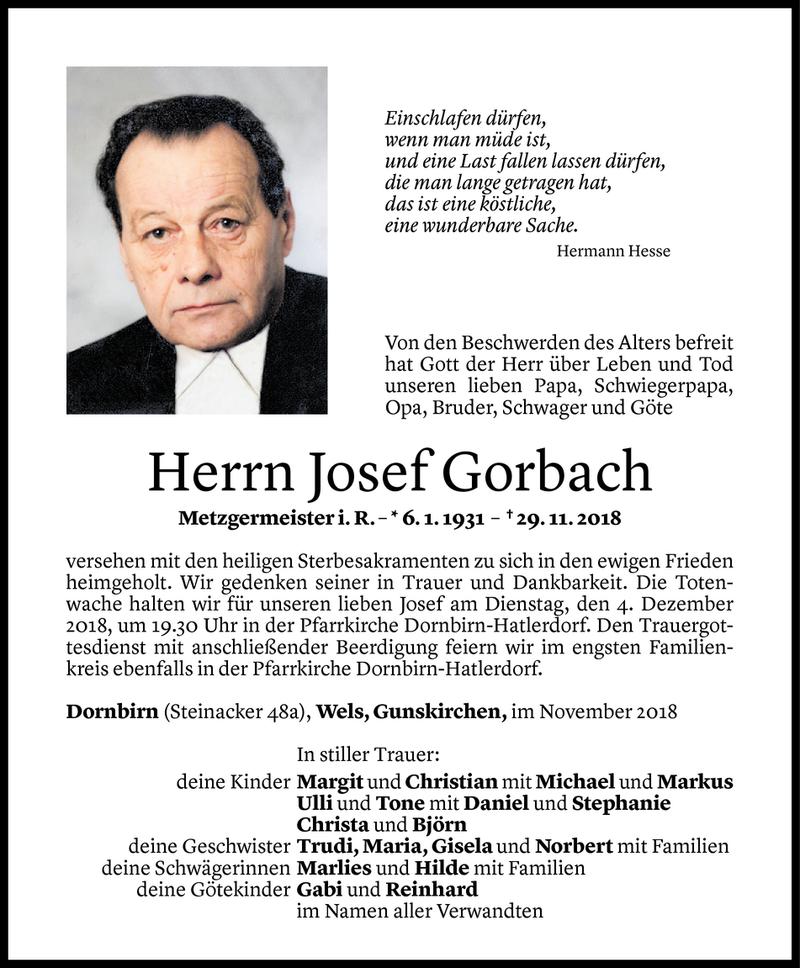  Todesanzeige für Josef Gorbach vom 30.11.2018 aus Vorarlberger Nachrichten