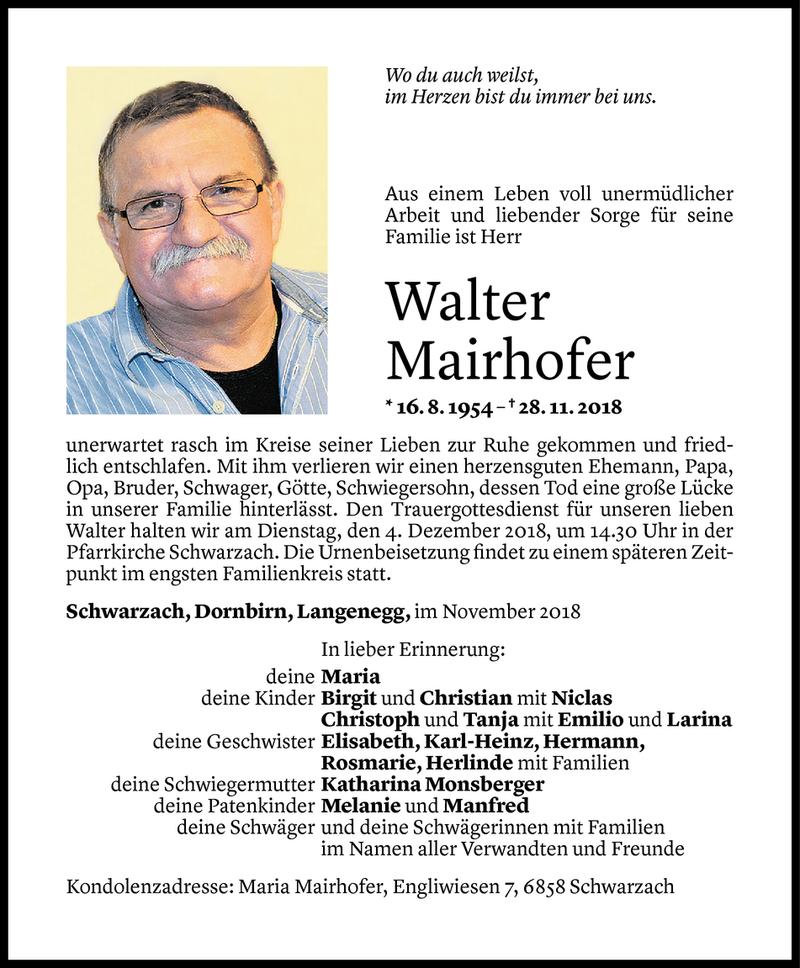  Todesanzeige für Walter Mairhofer vom 30.11.2018 aus Vorarlberger Nachrichten
