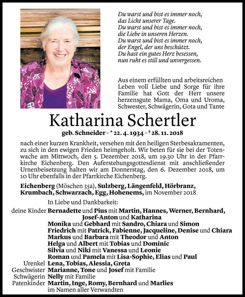  Todesanzeige für Katharina Schertler vom 03.12.2018 aus Vorarlberger Nachrichten