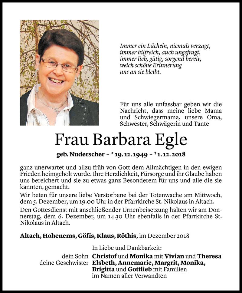 Todesanzeige für Barbara Egle vom 04.12.2018 aus Vorarlberger Nachrichten