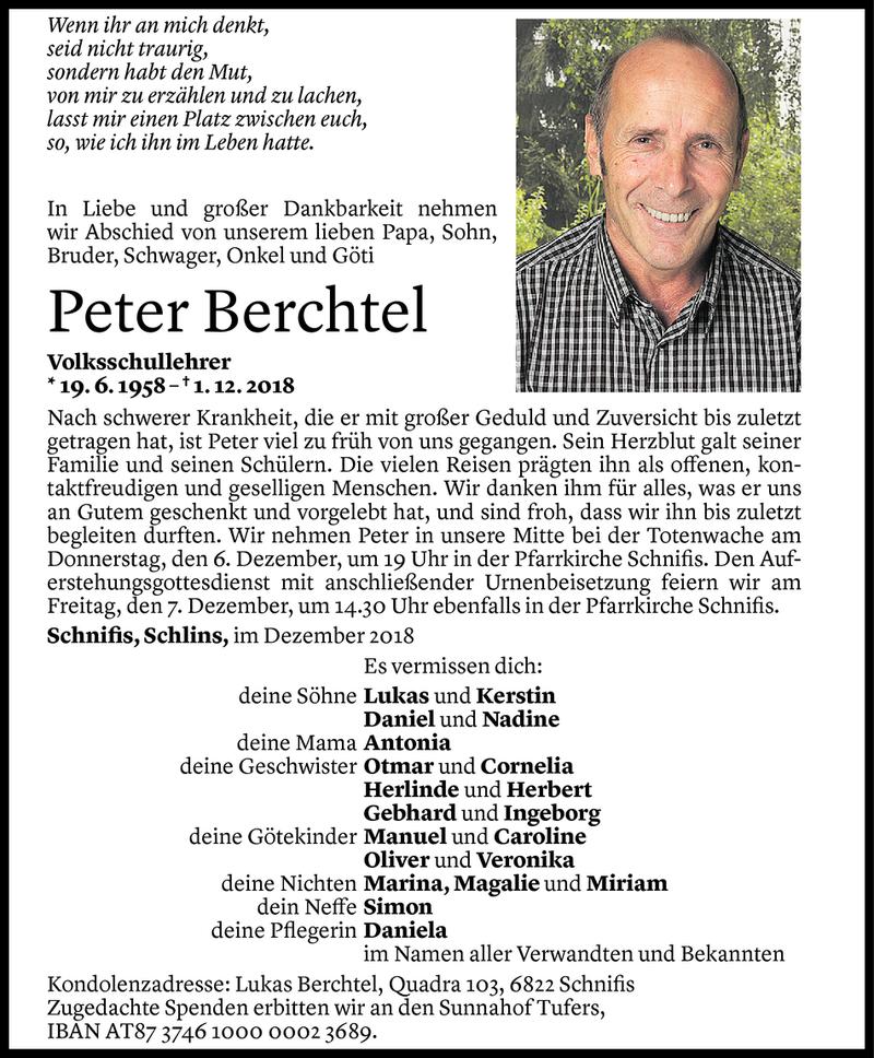  Todesanzeige für Peter Berchtel vom 03.12.2018 aus Vorarlberger Nachrichten