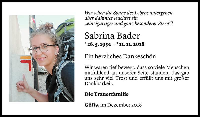  Todesanzeige für Sabrina Bader vom 07.12.2018 aus Vorarlberger Nachrichten