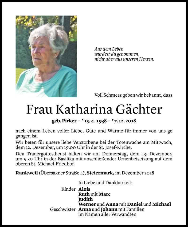  Todesanzeige für Katharina Gächter vom 10.12.2018 aus Vorarlberger Nachrichten