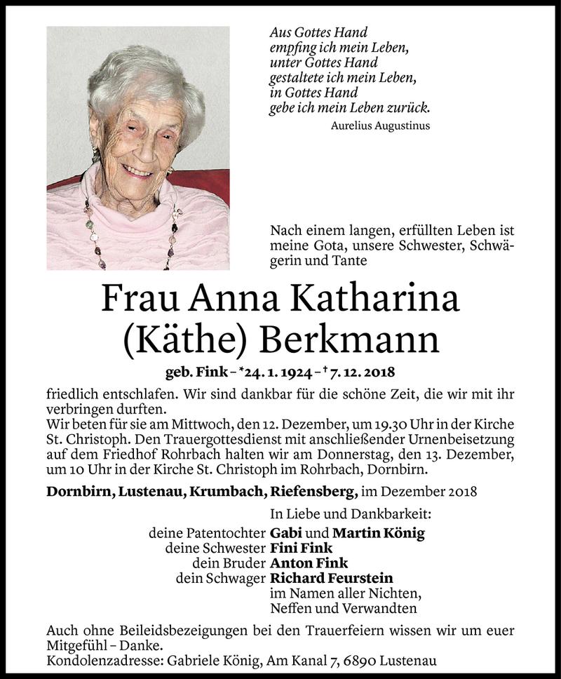  Todesanzeige für Anna Katharina Berkmann vom 10.12.2018 aus Vorarlberger Nachrichten