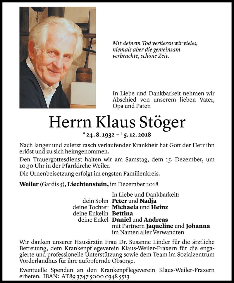  Todesanzeige für Klaus Stöger vom 11.12.2018 aus Vorarlberger Nachrichten