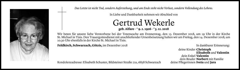 Todesanzeige für Gertrud Wekerle vom 10.12.2018 aus Vorarlberger Nachrichten