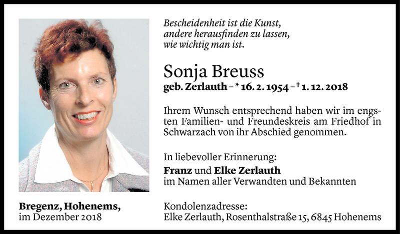  Todesanzeige für Sonja Breuss vom 12.12.2018 aus Vorarlberger Nachrichten