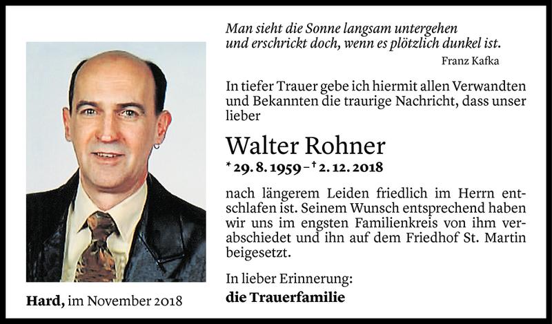  Todesanzeige für Walter Rohner vom 11.12.2018 aus Vorarlberger Nachrichten