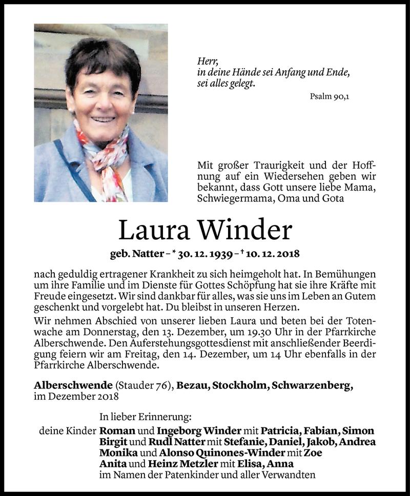  Todesanzeige für Laura Winder vom 11.12.2018 aus Vorarlberger Nachrichten