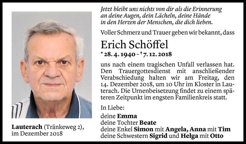  Todesanzeige für Erich Schöffel vom 11.12.2018 aus Vorarlberger Nachrichten