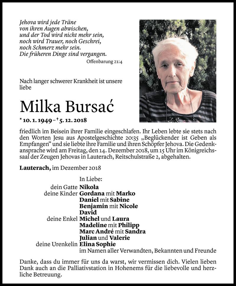 Todesanzeige für Milka Bursac vom 11.12.2018 aus Vorarlberger Nachrichten
