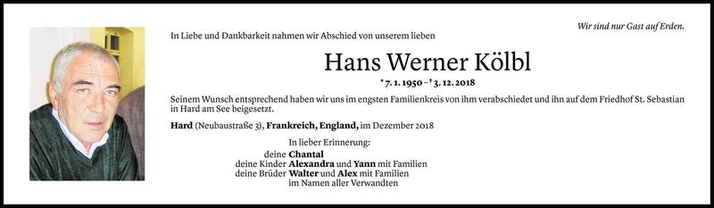  Todesanzeige für Hans Werner Kölbl vom 12.12.2018 aus Vorarlberger Nachrichten