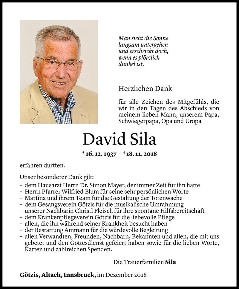  Todesanzeige für David Sila vom 15.12.2018 aus Vorarlberger Nachrichten