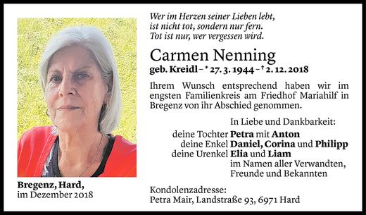 Todesanzeige von Carmen Nenning von Vorarlberger Nachrichten