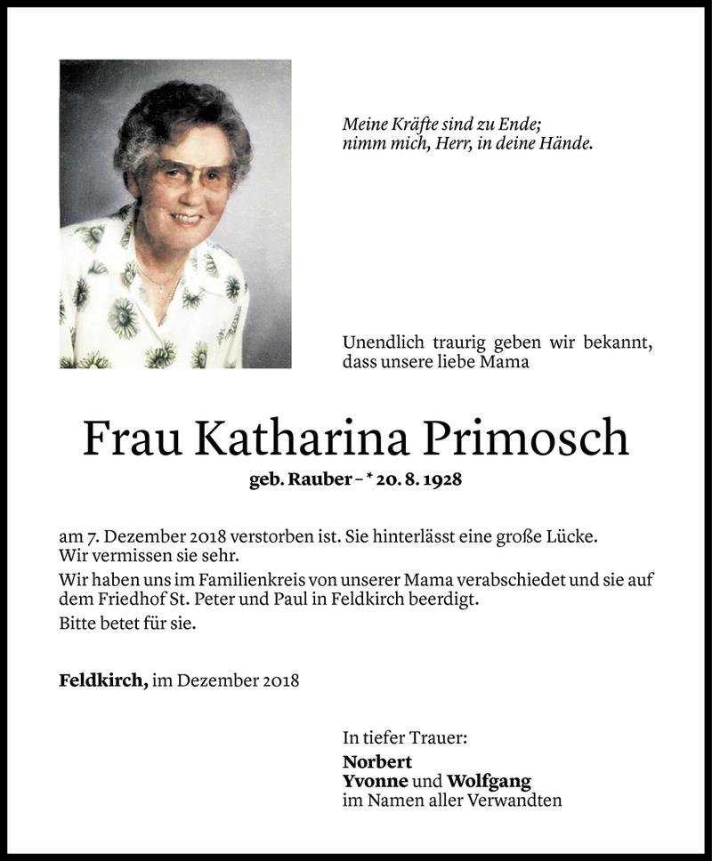  Todesanzeige für Katharina Primosch vom 15.12.2018 aus Vorarlberger Nachrichten