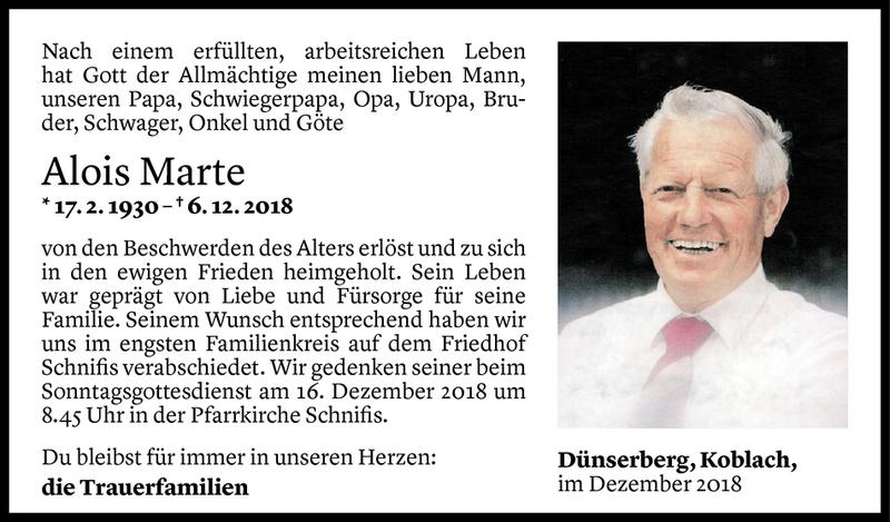  Todesanzeige für Alois Marte vom 14.12.2018 aus Vorarlberger Nachrichten