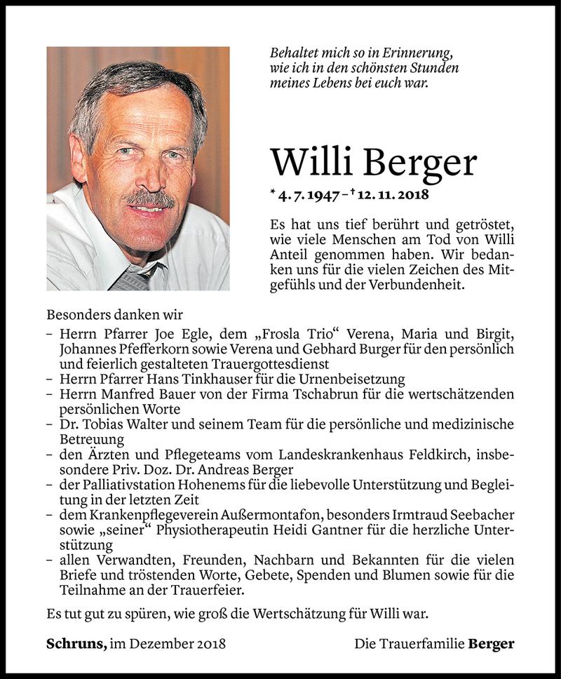  Todesanzeige für Willi Berger vom 14.12.2018 aus Vorarlberger Nachrichten