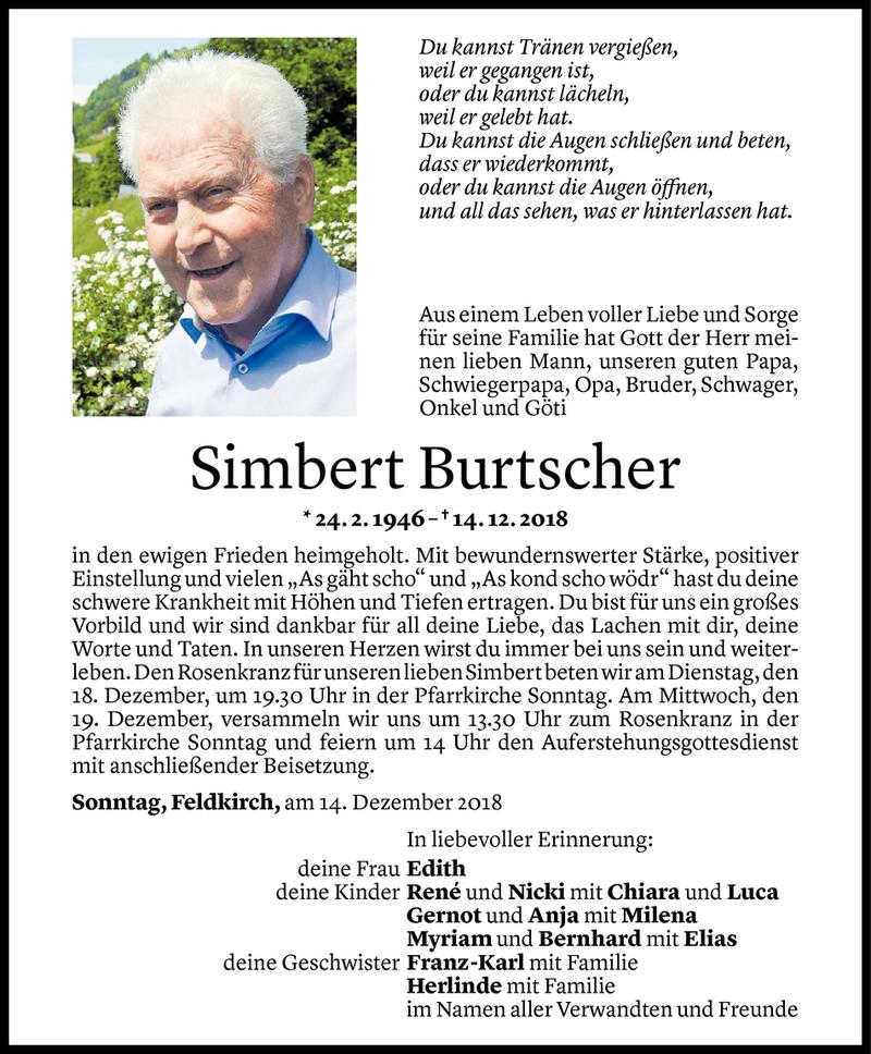 Todesanzeige für Simbert Burtscher vom 16.12.2018 aus Vorarlberger Nachrichten