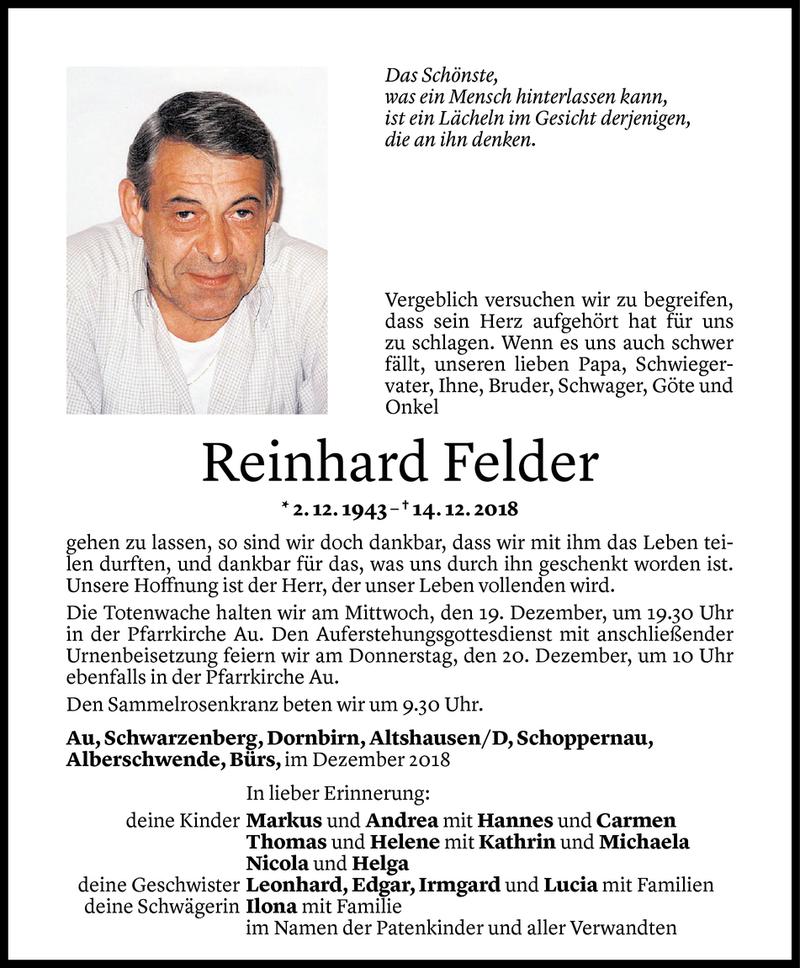  Todesanzeige für Reinhard Felder vom 17.12.2018 aus Vorarlberger Nachrichten